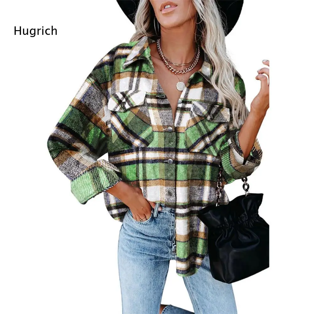 Cozy Pink Plaid Top with Long Sleeve and Lapel Collar Women Loose Fit Solid Color Autumn Winter Essential Soft Touch