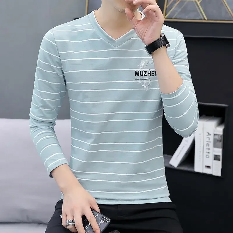 Men's Clothing V Neck T Shirt for Man Slim Fit Top Stripe Tight Printed Harajuku Fashion Sale High Brand Regular Cotton Original