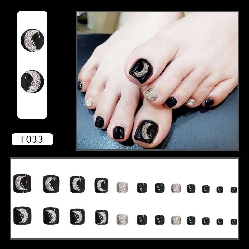

24pcs Midnight Toe Press-Ons - Glitter Moon & Stars on Black Medium Square Shape (Multi Sizes) False Toenail With Wearing Tools