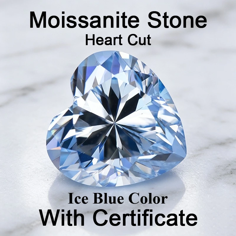 Moissanit-Stein in Eisblauer Farbe, Herzschliff, Laborgezüchteter Edelstein für DIY-Charms und Schmuckherstellung, Besteht Diamanttester mit Zertifikat – Detail 1