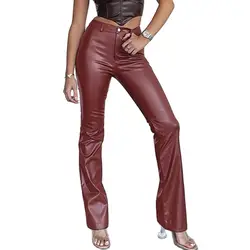 2023 Elastic PU Leather Straight Pants Women Autumn Winter High Waist Casual Lady Trousers Slim Black Brown Leather Long Pants