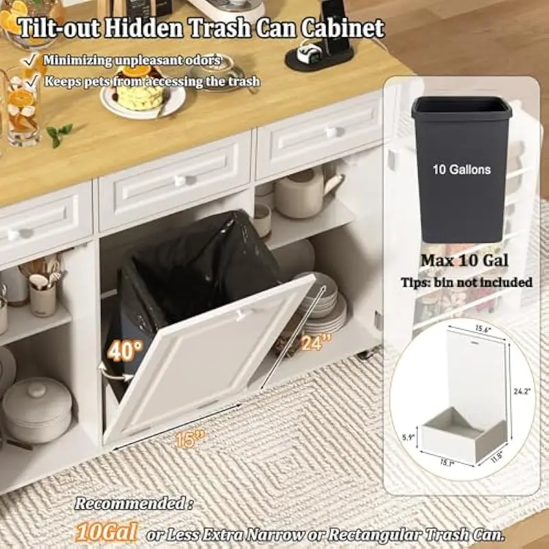 62 inch Mobile Kitchen Island with Fold-Slide Tabletop Extending to 27.5 W, Dual Cabinets Shelves Drawers Pull-Out Trash Bin Spi