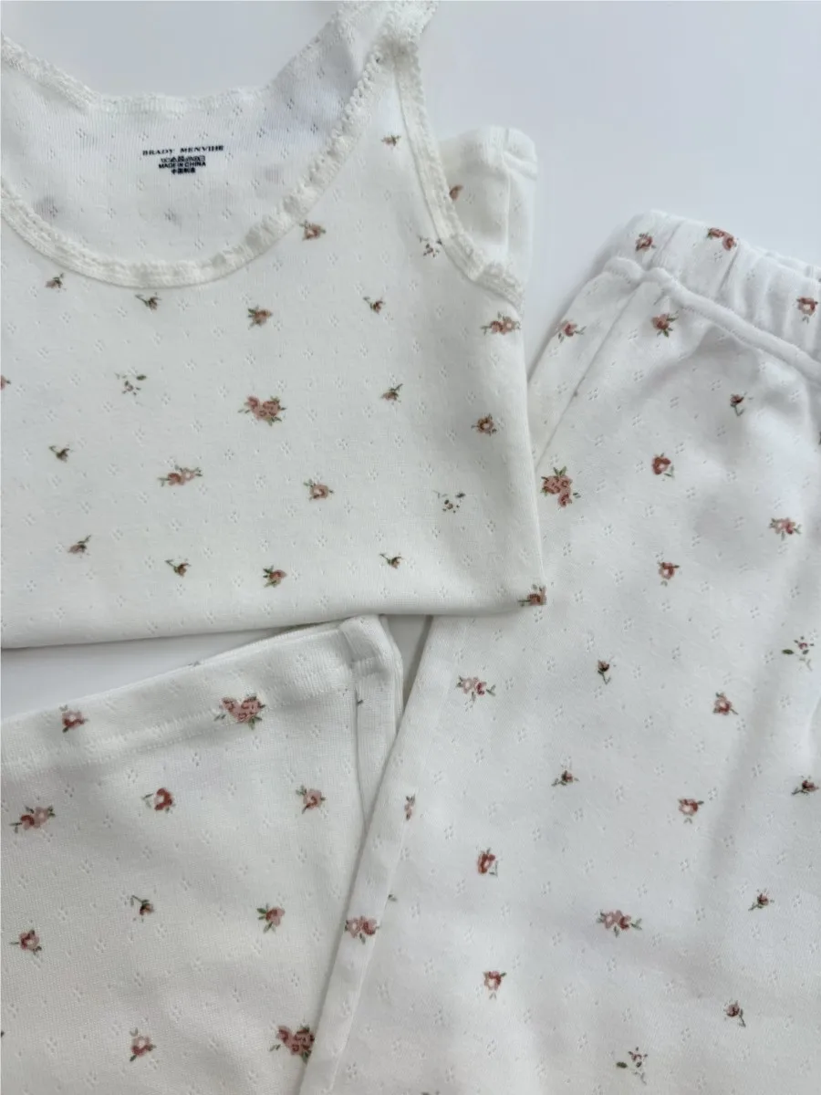 Tulip Print Slim Home Pajama 2 Piece Sets Women Spring New Lace Trim Camis+Cozy Straight Trouser Sweet Elegant Tank Pant Set Y2K