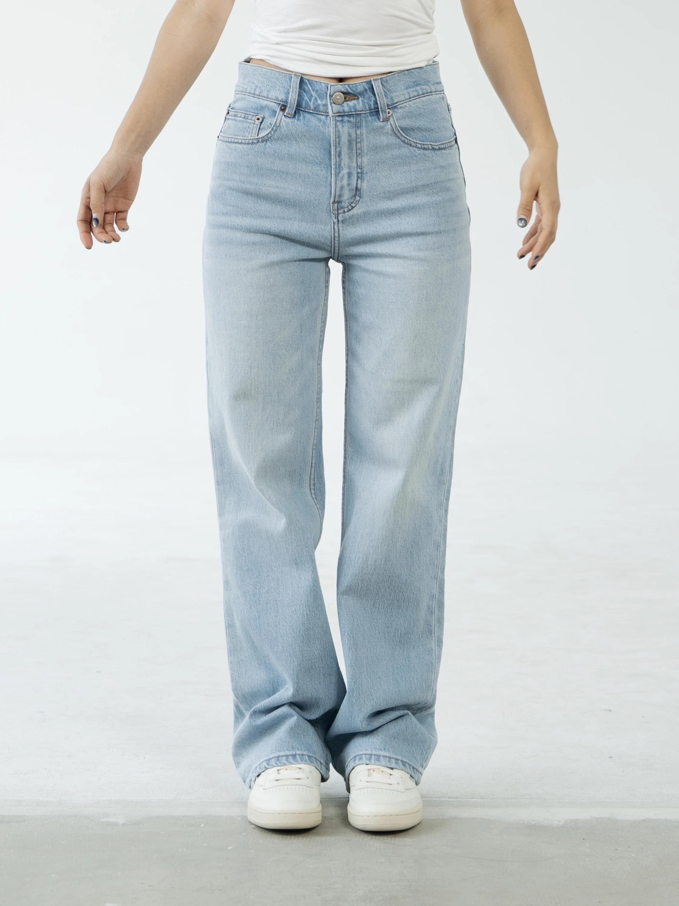 

Ravehouse Light Blue Cotton Stretch Straight Leg Jeans Casual High Waist Long Pants Spring Summer Versatile White Match