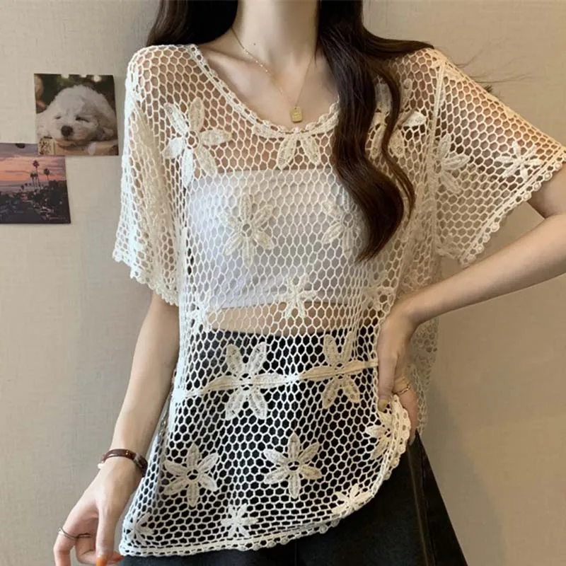 Boring Honey Women's Loose Fashion Cropped Knit Top - Korean Style Hollow Out Mesh Sweater with Flare Sleeves for Autumn