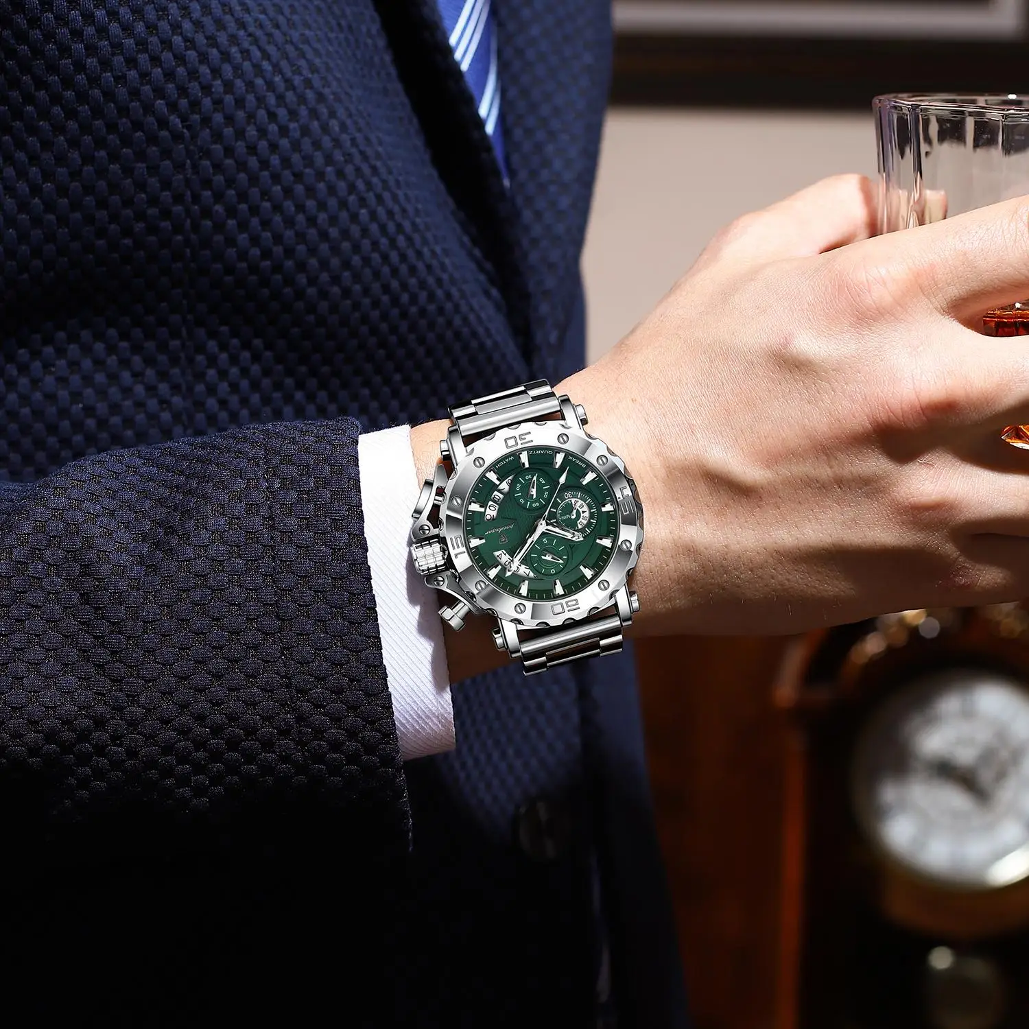 포에다가 패션 남성용 시계 캘린더 야광 방수 쿼츠 남성용 시계 크로노그래프 스테인리스 스틸 비즈니스 남성용 시계