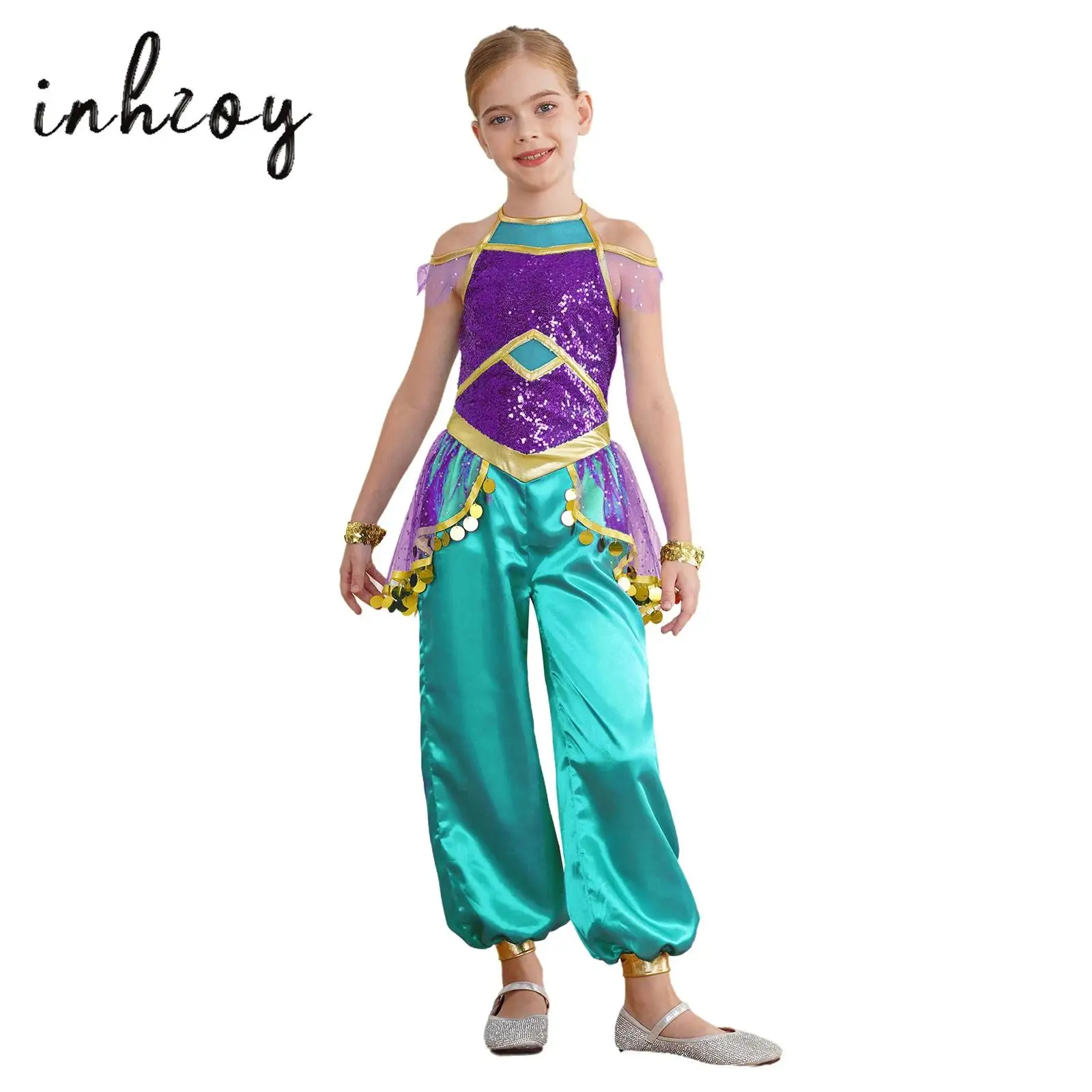 

Girls Sequins Arabian Princess Dress Costume Kids Halloween Party Christmas Fancy Dress Belly Dance Jumpsuit Cosplay Clothes