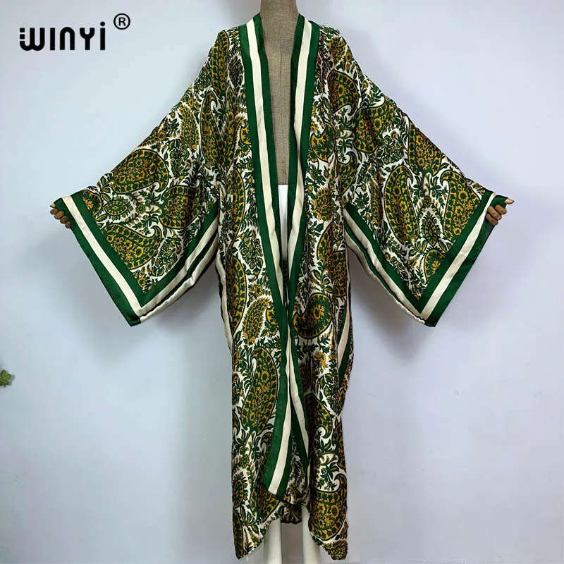 

WINYI summer beach cover up Classic cashew print boho Cardigan sexy Maxi Holiday long Sleeve KIMONO Africa silk feeling dress