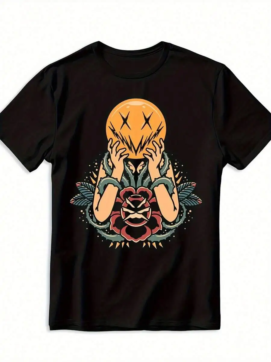 Top Picklocalmen's Graphic T-Shirt Soft 100% Cotton Black Crewneck With Pumpkin Face Design "Halloween" Text Regular Fit Casual 100% Cotton Trendy Y2K Short-Sleeve Tee-Soft, Quick-Drying, Moisture-Wicking;  Great Gift for Christmas or Halloween