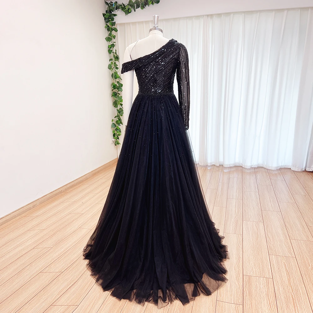 Luxury Black Bubai Evening Dress for Women 2024 One Shoulder Mermaid Pearls Formal Prom Wedding Party Gowns with Tulle Skirt