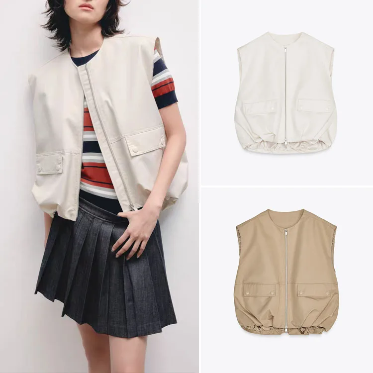 

Loose Fit round Ne Zipper Workwear Sle Women's Vest New Arrival Spring Season Street Faion Casual Color