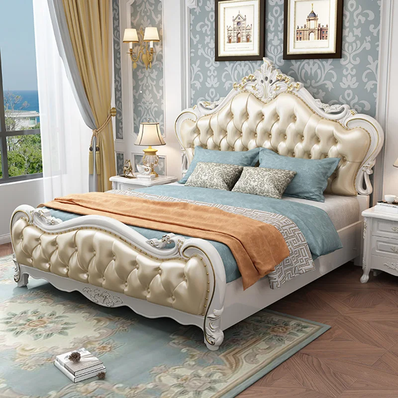 

Carved Pretty European Custom Bed Wood Gold Leather Bedroom Luxury Beds Storage Modern Villa Cama Matrimonial Furniture Home