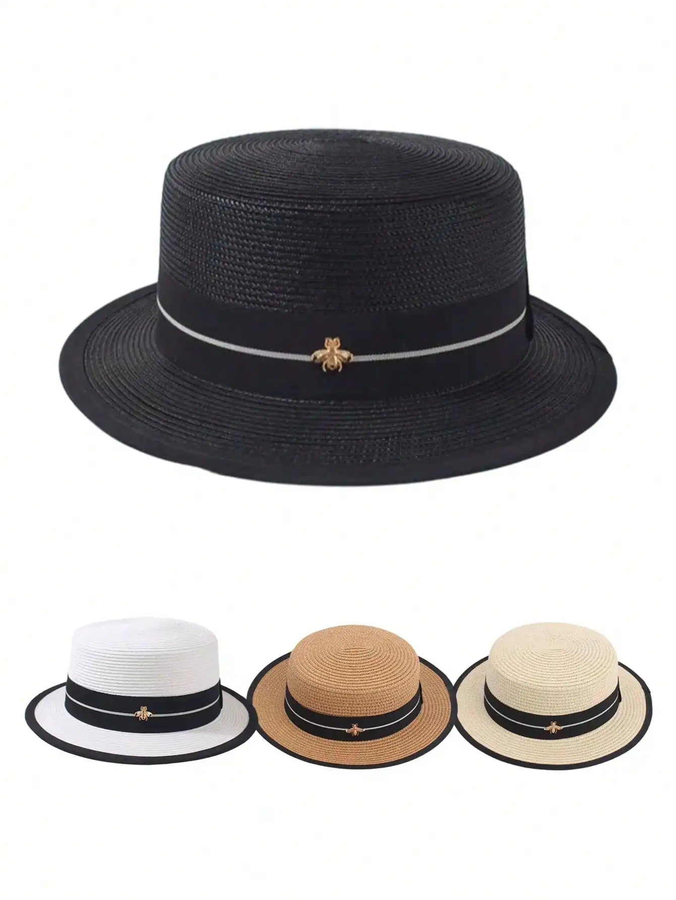 

1pc Women's Solid Color Straw Sun Hat, Casual Bohemian Vintage Palace Style Elegant Grass Weaving Hat, Suitable For Beach, Summer Travel, Sun Protection, Small Head Circumference, Flat Top Design,Vacation