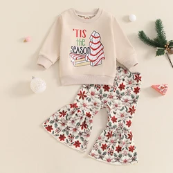 2024-06-15 Lioraitiin Kid Girls Pants Set, Tree Letters Print Sweatshirt Tops with Flower Flare Pants Christmas Outfit