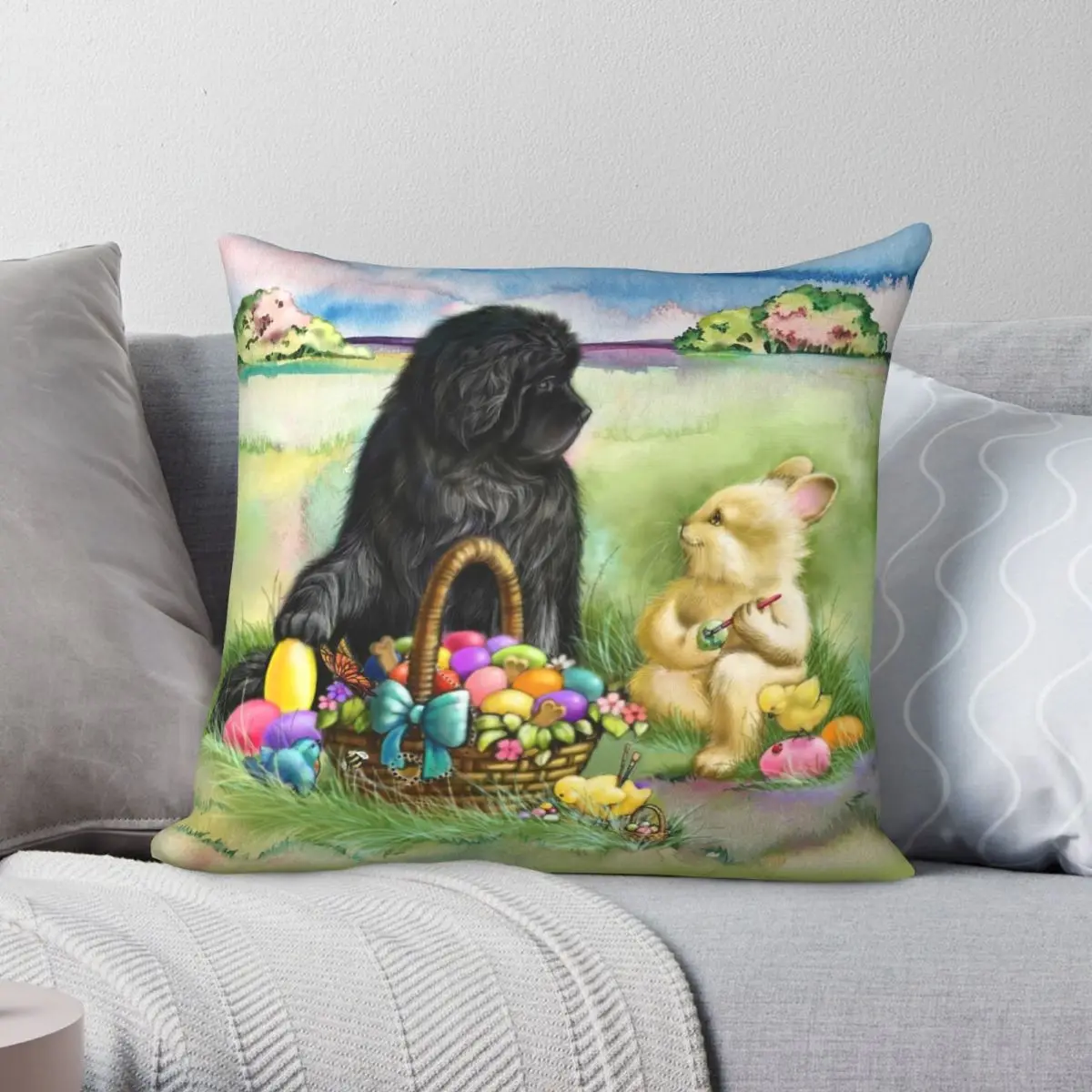 

Easter Bunny Newfie And Chicks Pillowcase Polyester Linen Velvet Printed Zip Decor Sofa Cushion Cover 18"