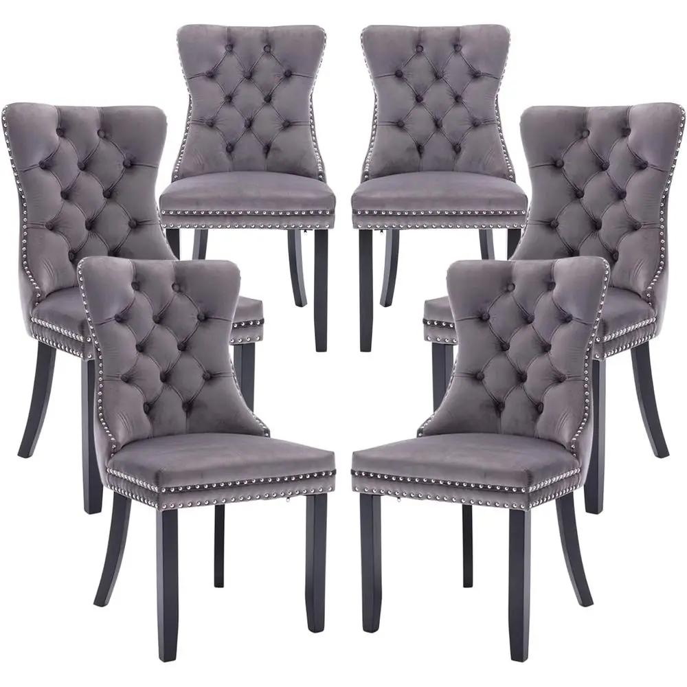 

6-Piece Velvet Button-Tufted Dining Chairs Set with Nailhead Trim, Grey Upholstery for Dining, Kitchen, or Restaurant Use