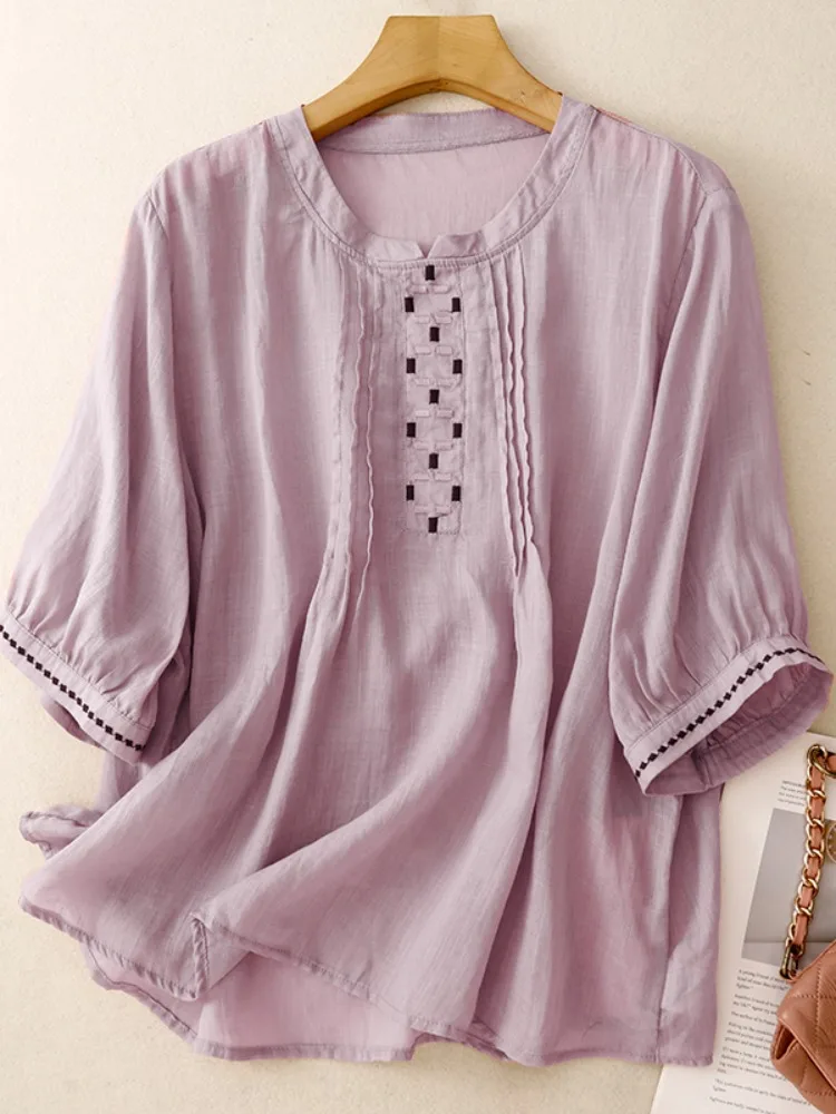 Retro algodón Lino plisado redondo Ne irt mujeres verano alta gama Simple bordado Top Lino ort Sve mamá pequeño irt