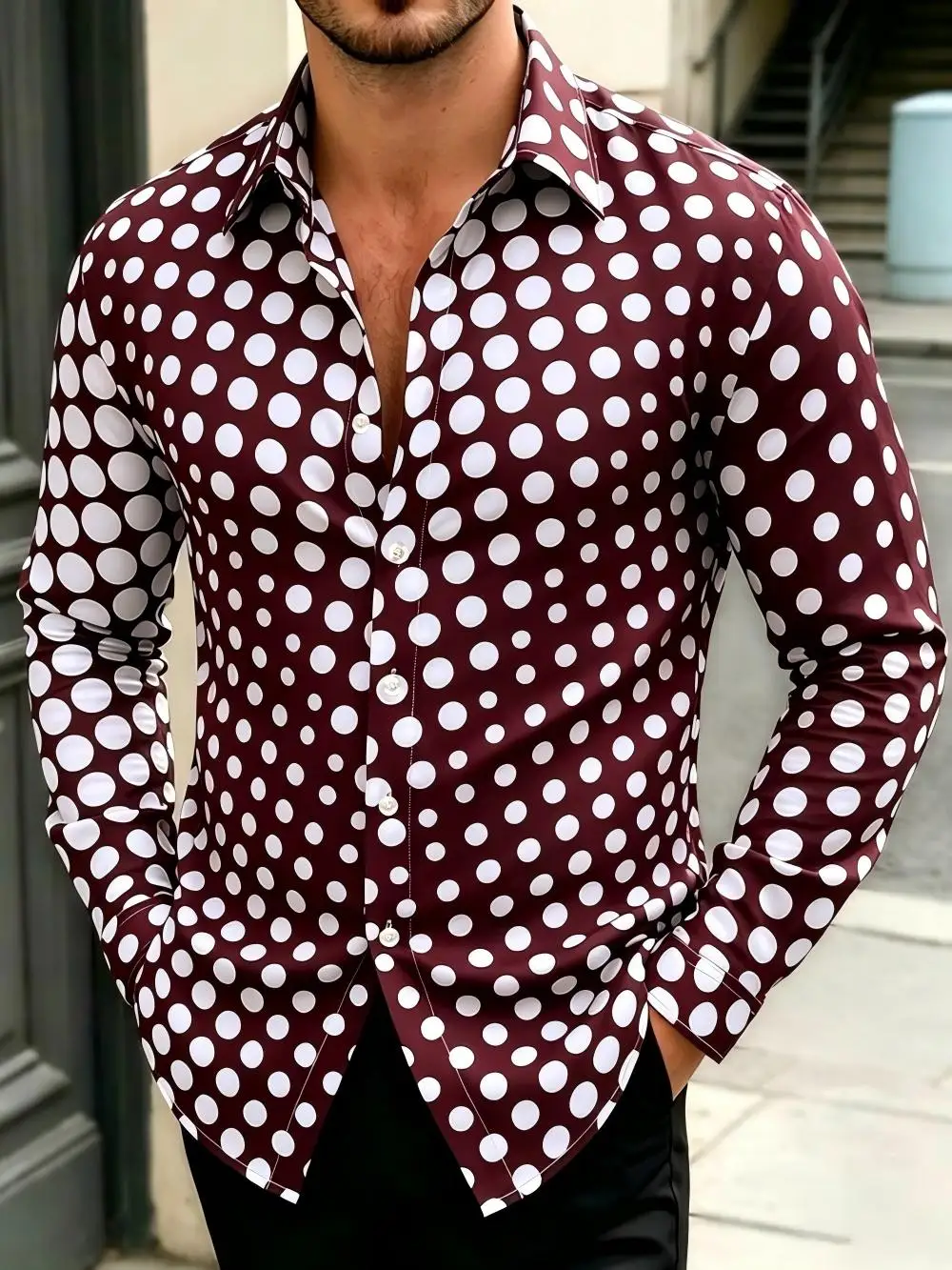 Men's casual polka dot patterned long sleeved shirt