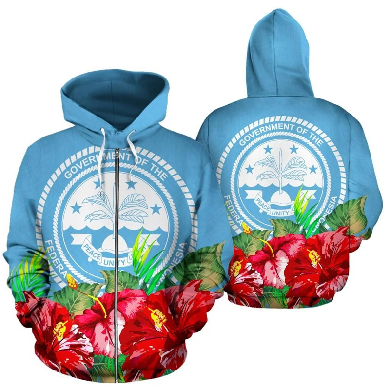 Federated States Of Micronesia Flag Map 3D Print Zip Up Hoodies For Men Clothes FSM National Emblem Zipper Hoodie Casual Boy Top