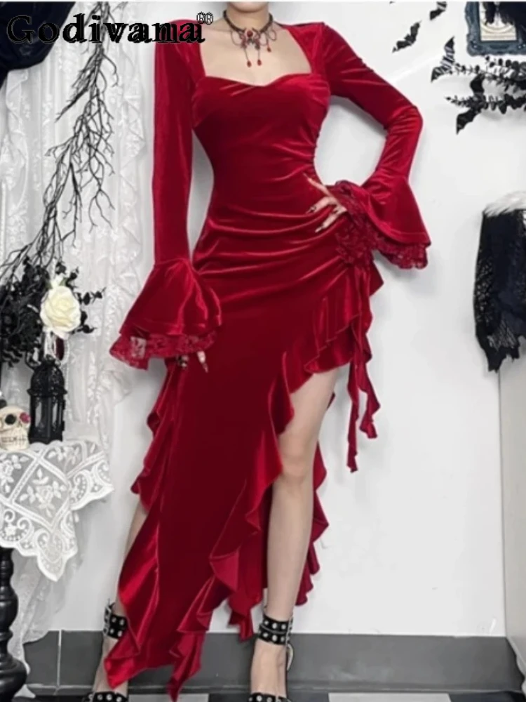 

Winter Christmas Red Suede Sexy Square Neck Long Flare Sleeve Dress Fashion Girls High Waist Versatile Irregular Punk Dresses