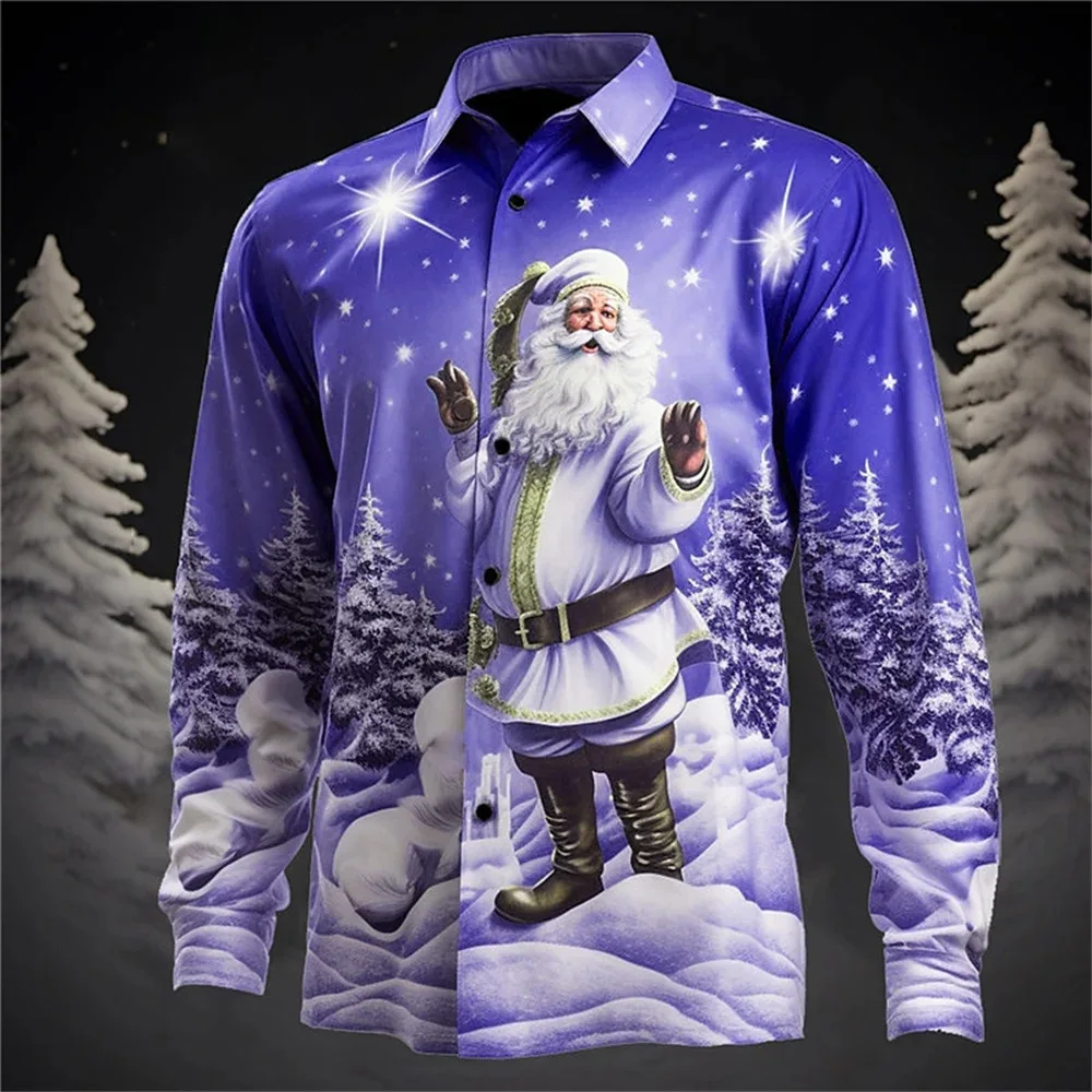 2025 3D printed Christmas design pattern men's lapel button fashionable men's long sleeved comfortable plus size shirt top