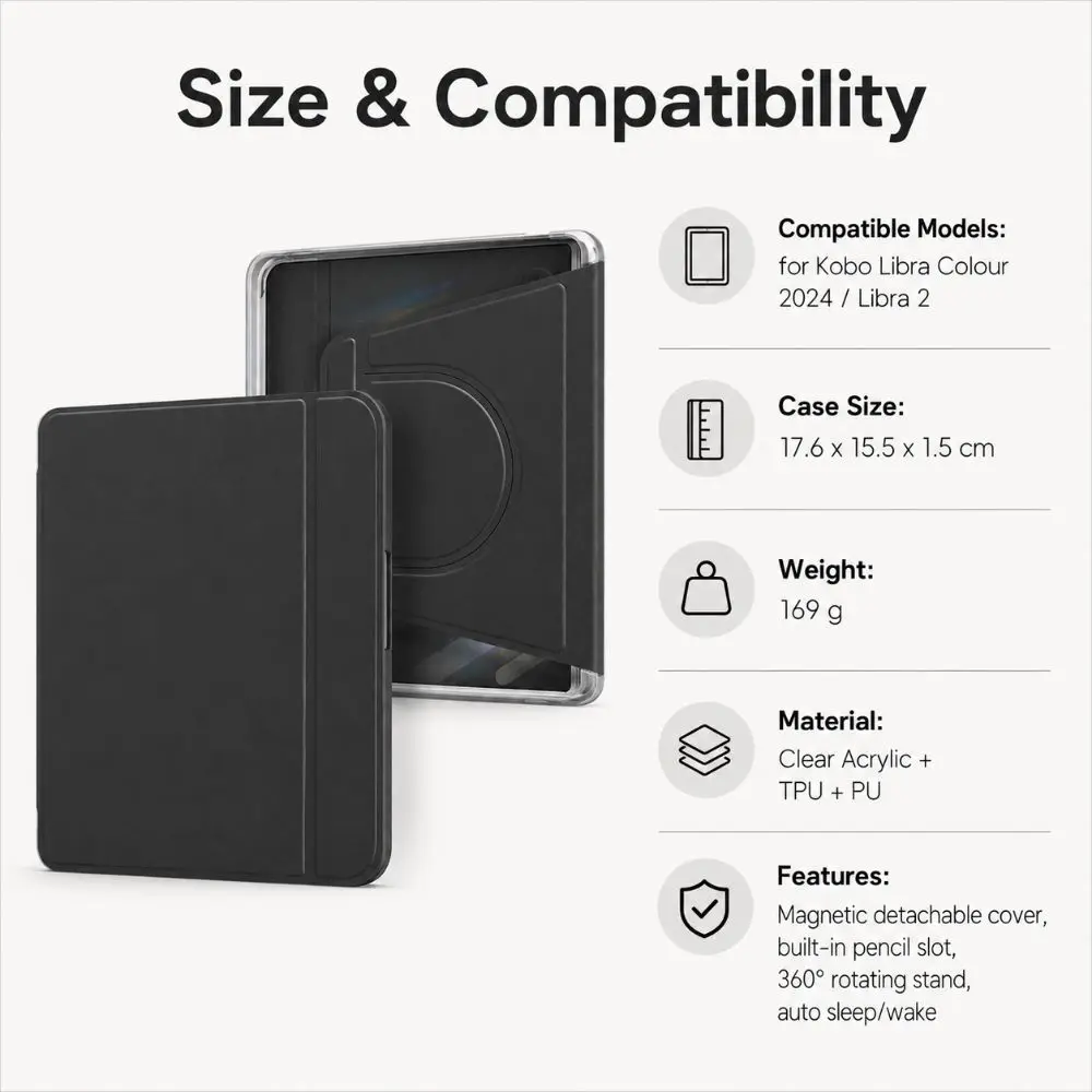 Auto Wake Sleep E-Reader Case Detachable Magnetic Protective Cover with Pencil Slot Acrylic for KOBO Libra Color/2 7 inch 2024