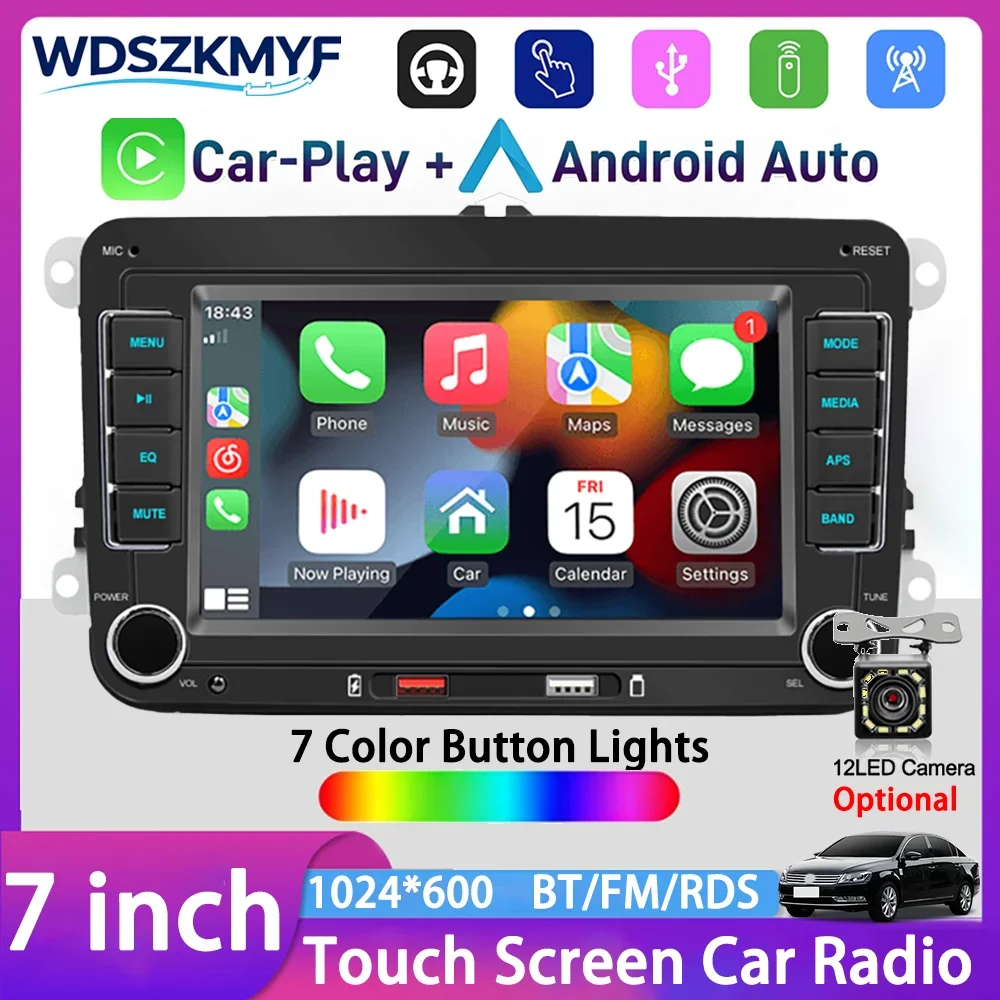 New 7' 2 Din Car Multimedia Player Stereo Wireless CarPlay Android Auto FM RDS Touch Screen Multimedia Player Head Unit For VW
