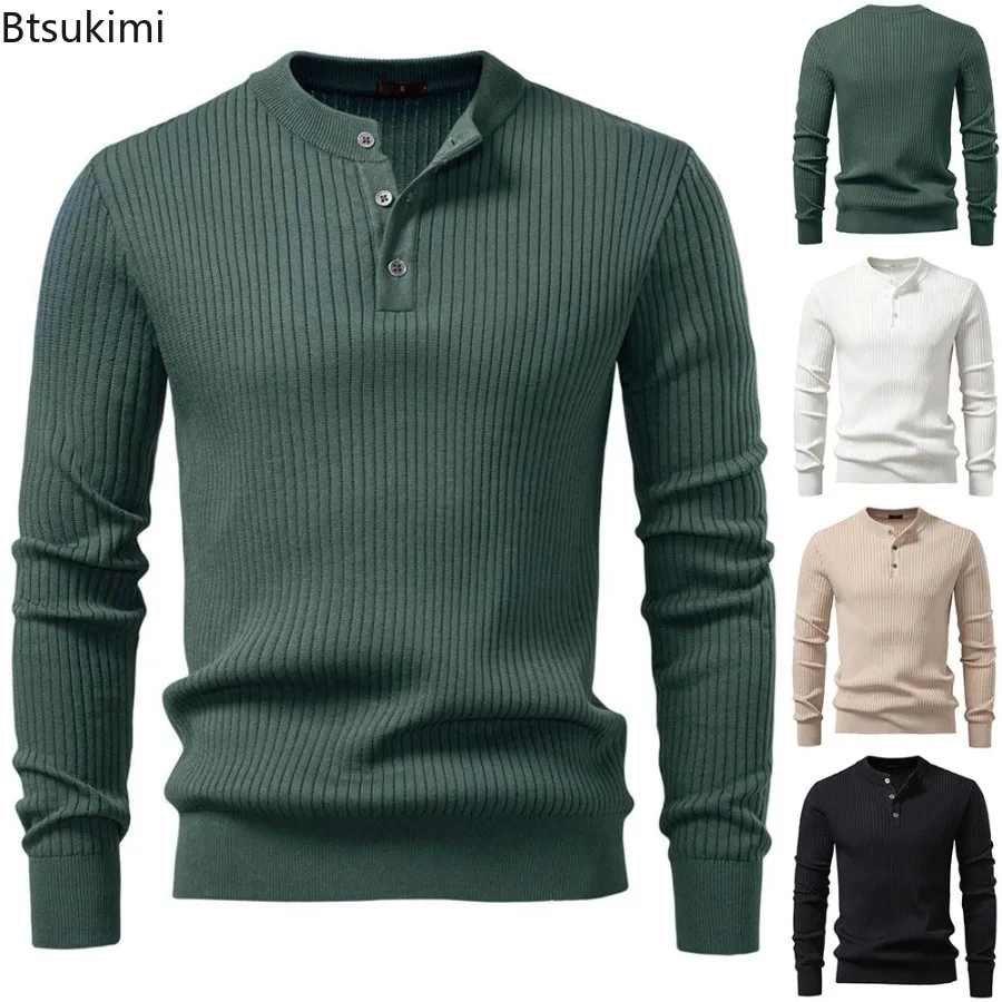Men Old Money Style Knitted Sweater Henley Neck Ribbed Stripe Long Sleeve Minimalist Casual Autumn Winter Business Pullover Top