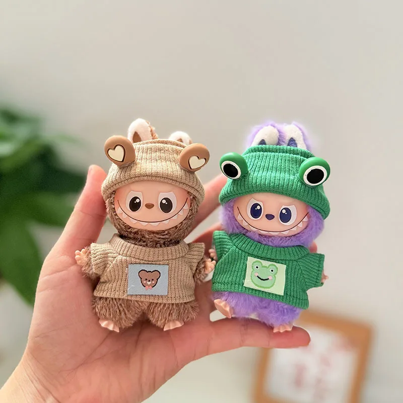 

10cm Mini Labubu 4.0 Doll Clothes 4th-Gen Labubu Cute Frog Bear Stretch Pullover Winter Christmas Sets for Mini Labubu