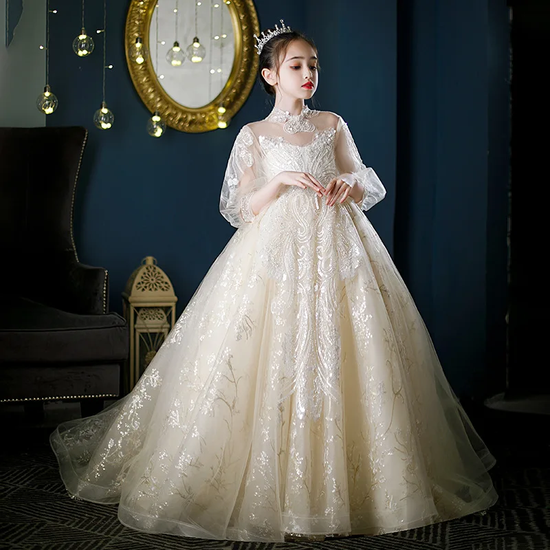 

Kids Flower Girl Dresses for Party and Wedding Champagne Princess Costume Long Luxury Gown Child Formal Occasion Evening Dresses