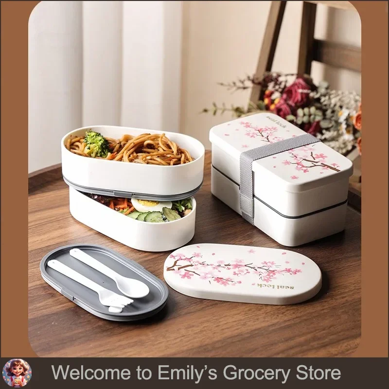 

Japanese Cherry Blossom Lunch Box with Tableware Microwave Bento Boxes Soup Cup Portable Student Double-layer Lunch Food Box