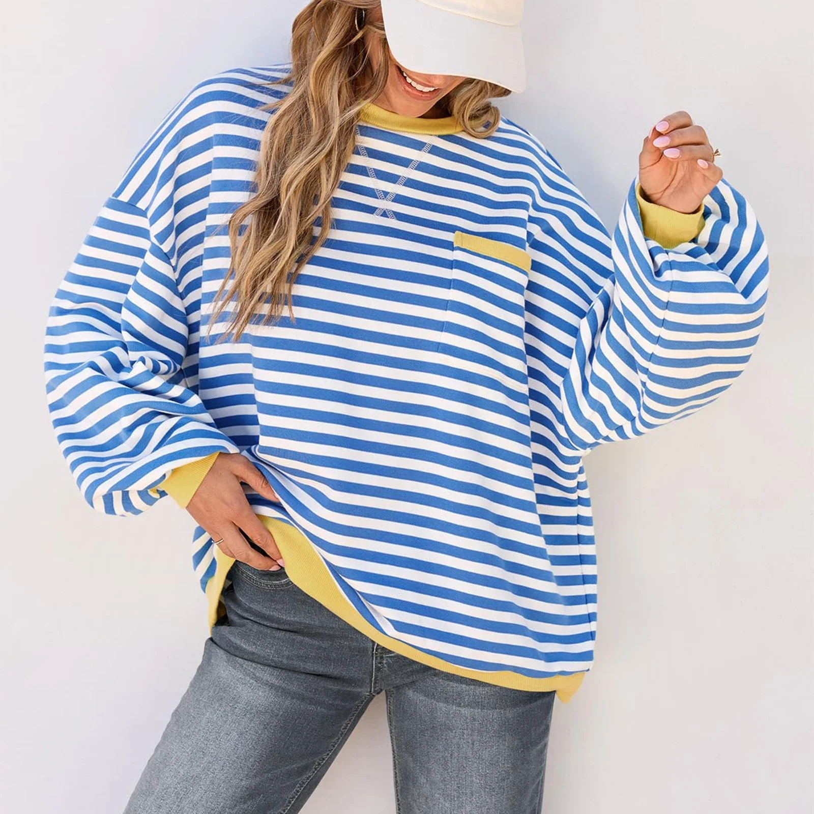 Women's Striped Loose Sweatshirt Spring Autumn Long Sleeve Round Neck Casual Pullover Tops