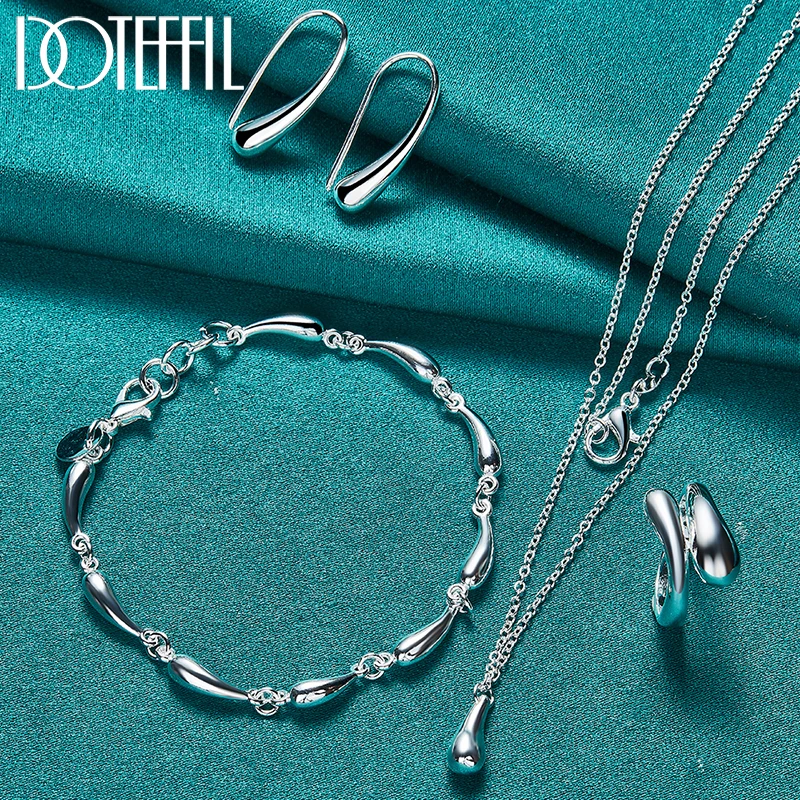 

DOTEFFIL 4pcs 925 Sterling Silver Water Droplets Necklace Bracelets Earring Ring Set For Woman Wedding Engagement Jewelry