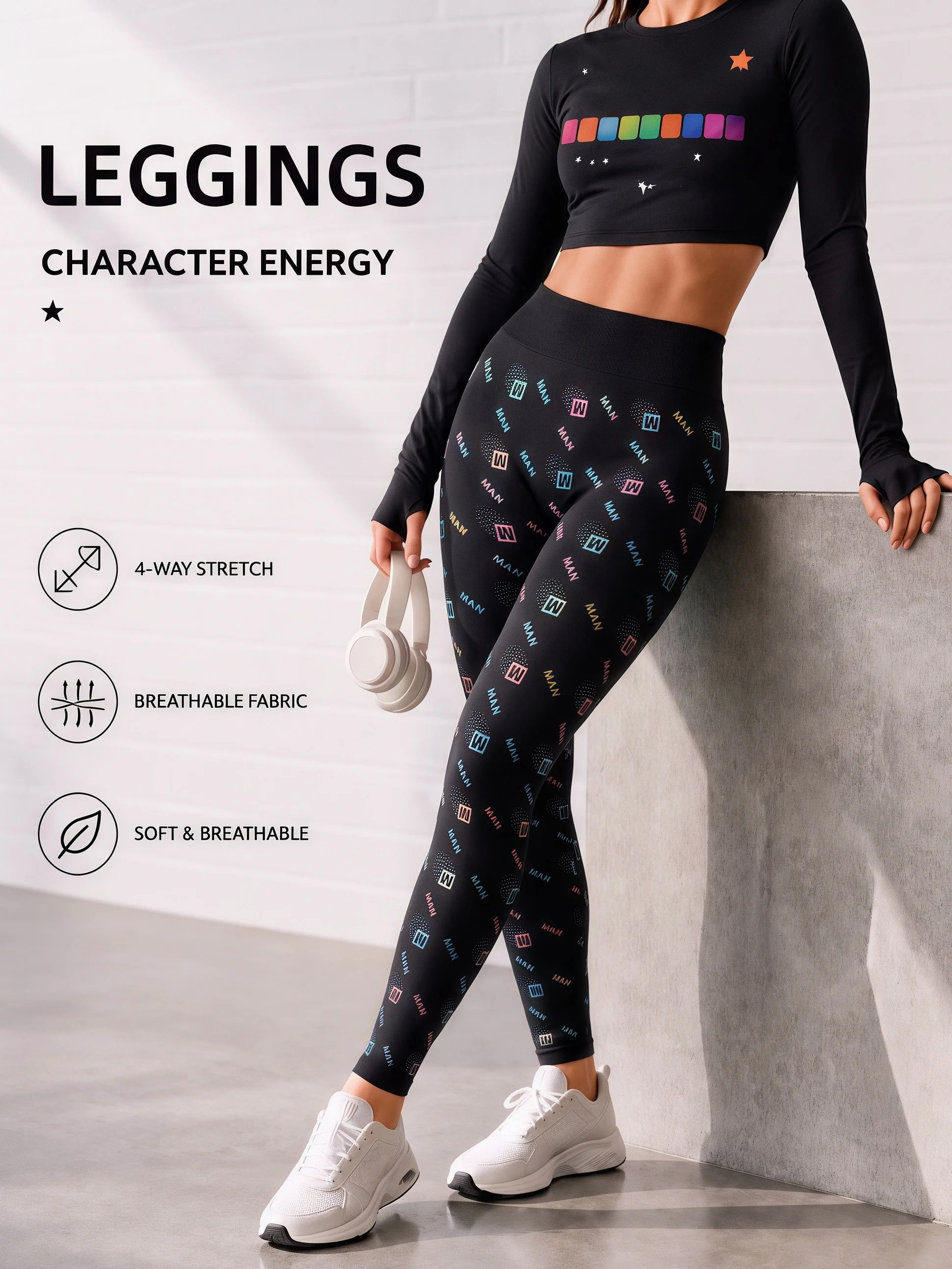1er-Pack bunte Leggings mit Buchstabenmuster, hoher Taille, 4-Wege-Stretch, weiche, atmungsaktive, schmale Hose für Yoga, Laufen, Freizeitkleidung – Detail 2