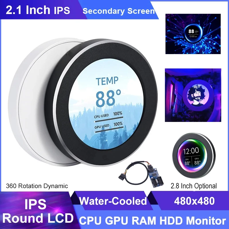 2.1 / 2.8 인치 IPS 보조 화면 480x480 USB 수냉식 원형 LCD CPU GPU RAM HDD 모니터링 AIDA64 PC 유형 C 디스플레이 없음