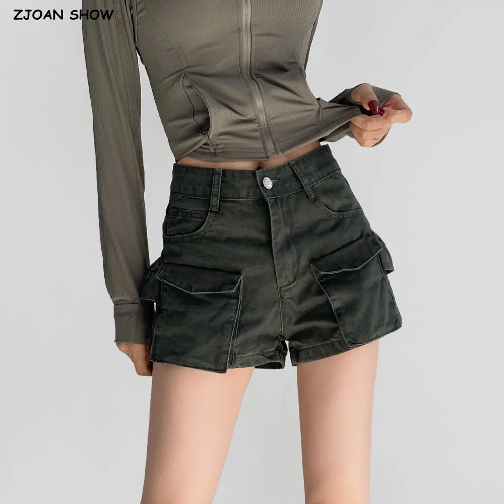 4 Colors Spring Autumn Cargo High Waist Denim Shorts Skirts for Women Pockets Safari Short Trousers Casual Street Bottom Khaki
