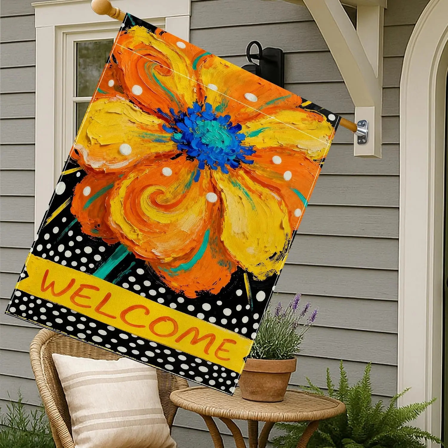Flower House Flag, Vibrant Artistic Polka Dots Swirls Spring Orange Double Sided Burlap Outside Large Garden Flag for Outdoo MMZ