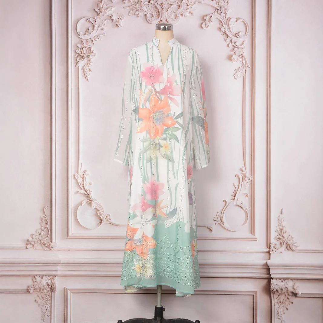 

Middle East 2025 Muslim New Fashion Women's Casual Trendy Elegant Sequined Printed V-neck Abaya Turkey Female Clothes Dresses