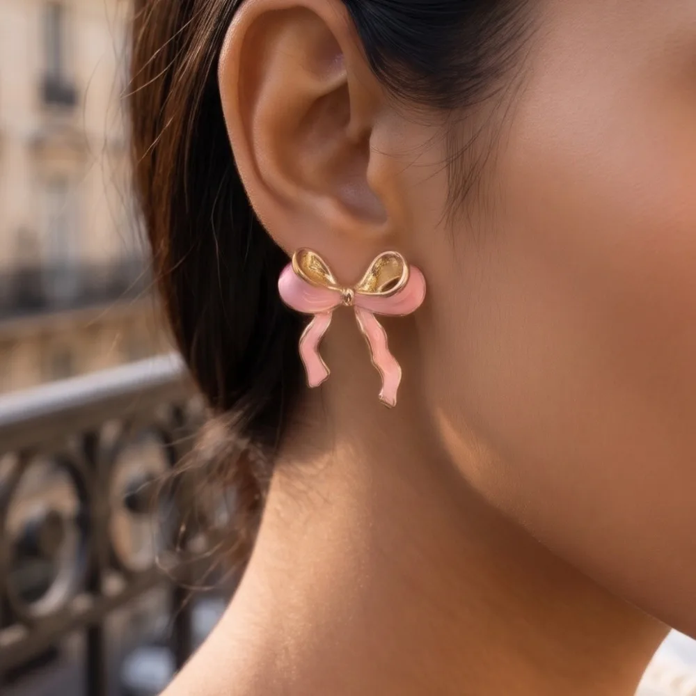 Sweet Romantic Pink Enamel Bowknot Stud Earrings for Women Temperament Valentine's Day Confession Birthday Party Jewelry Gifts