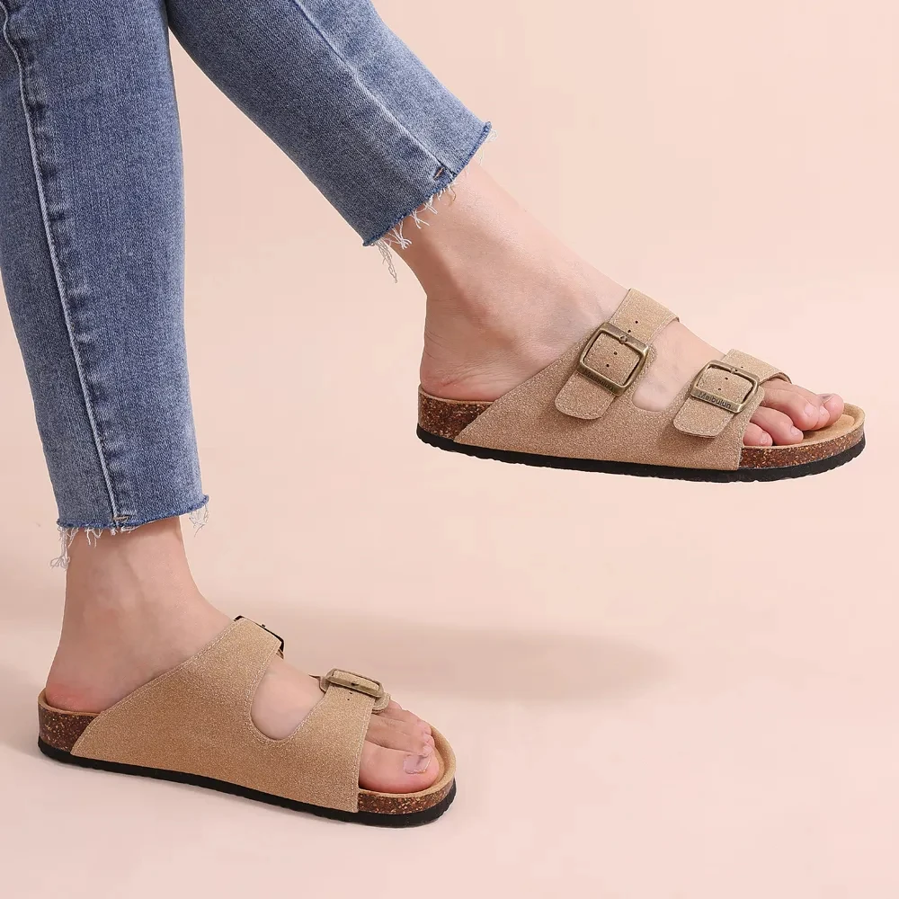 Sandálias Crestar Cork Footbed para homens e mulheres, chinelos novos clássicos de cor sólida com suporte de arco, chinelos de camurça