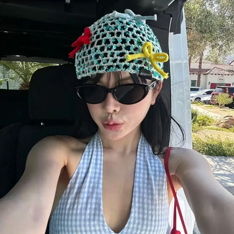 

Cute and Colorful Crocheted Bow Hat Sequined Knit Mesh Headband Y2K-Style Headwear for Music Festivals and Street Style