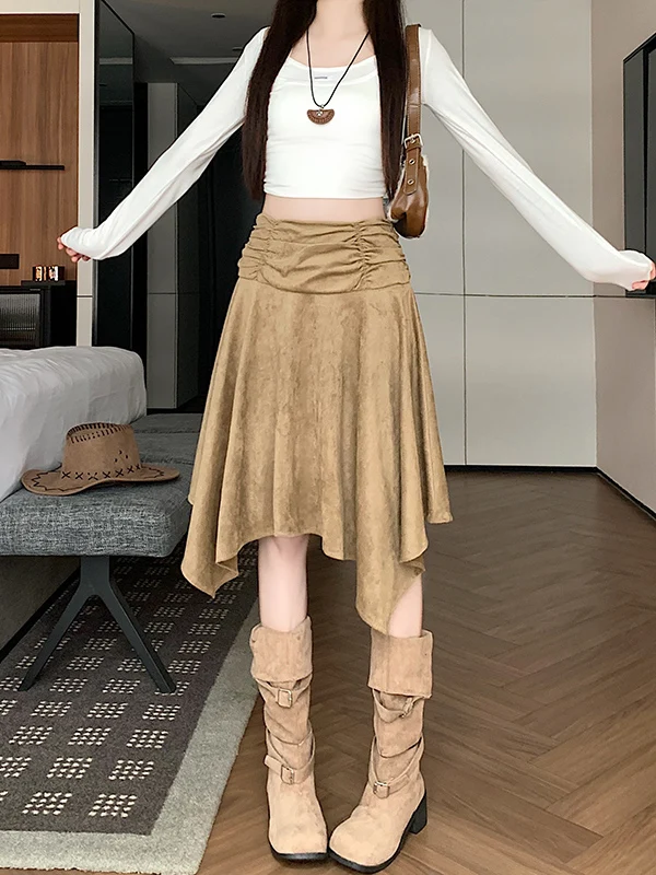 Retro Western Cowboy Style Suede  Skirt Women's High Waist Pleated Asymmetrical A-Line Midi Skirt Commute Style
