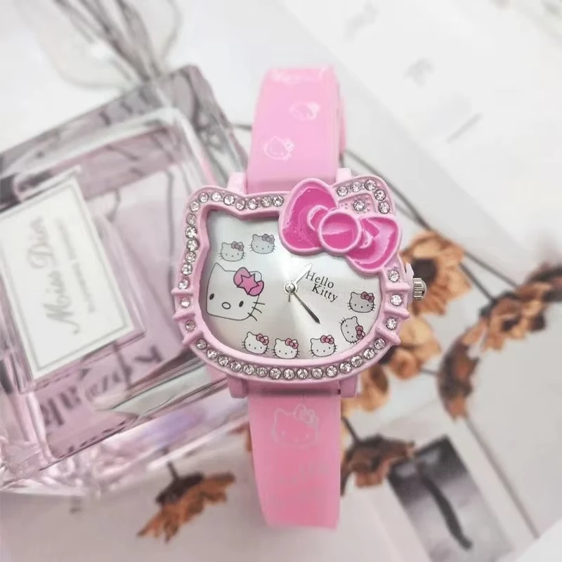 

Sanrio Hello Kitty Children's Cartoon Cat Head Student Electronic Silicone Diamond Bow Quartz Watch Party Kids Girls Gift Kawaii