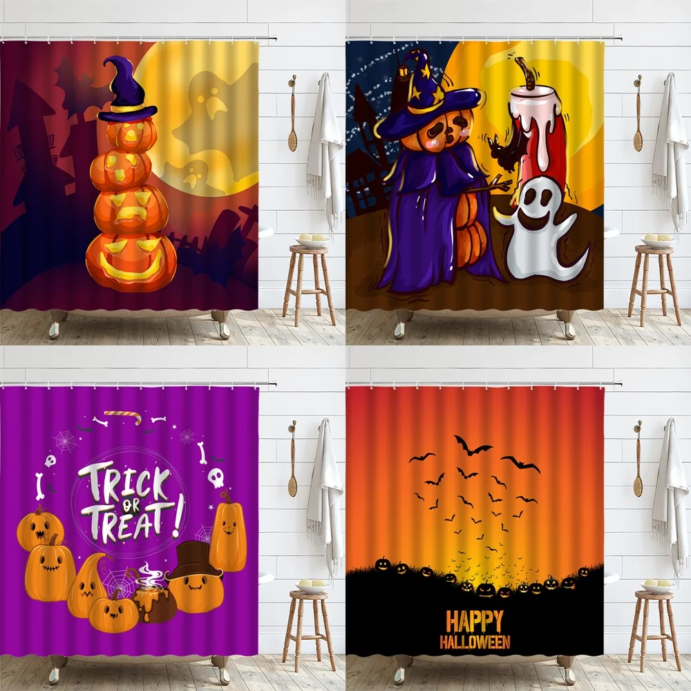 

Halloween Spooky Ghosts Shower Curtain with Hook Funny Pumpkin Moon Black Bat Bathroom Curtains Polyester Fabric Bathtub Screen