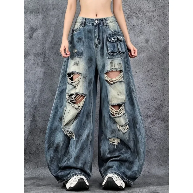 Womens Ripped Jeans Summer Thin Loose Straight Wide Leg Pants American High Street Casual Fashion Denim Trousers