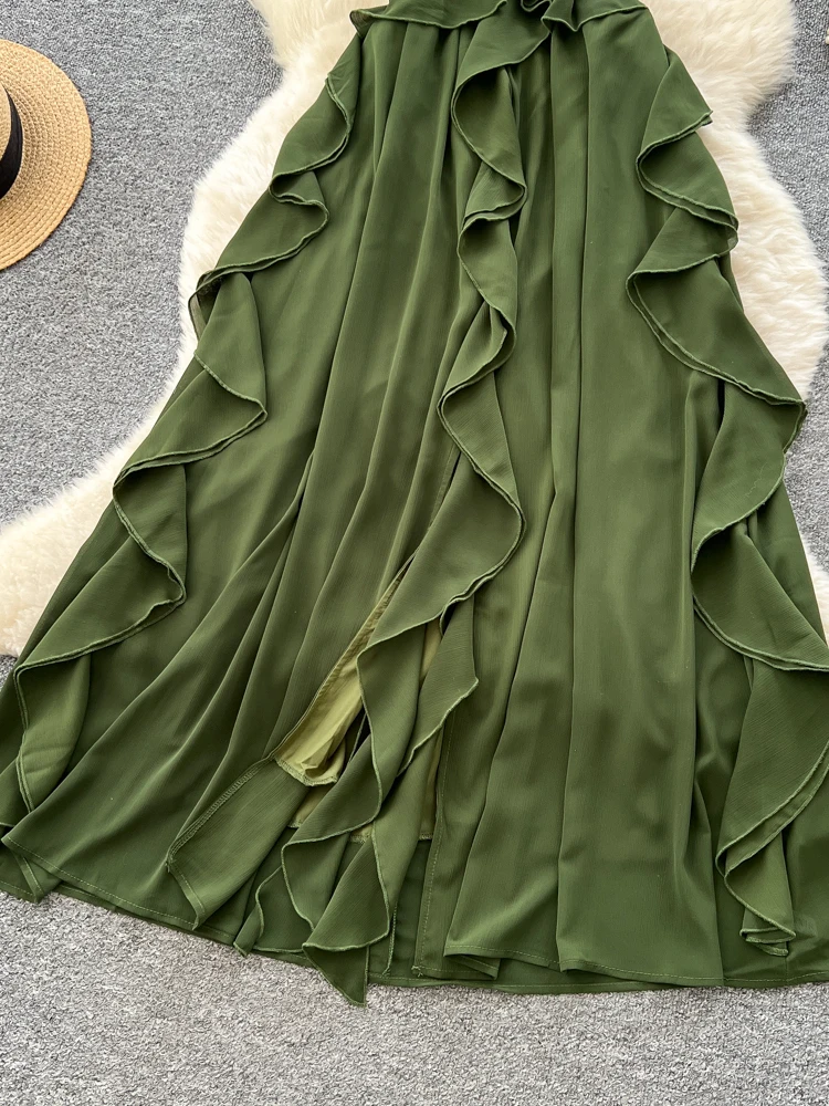 Spódnica damska Vaion Sle Hollow out Neline Long Dr, wiosenno-letnia, trapezowa, z wysokim stanem, z włókna poliestrowego, wyszczuplająca, z dekoltem w serek.