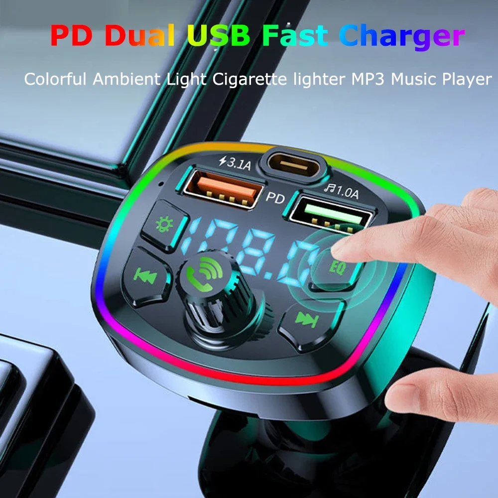 Bluetooth 5.0 FM Transmitter For Car FM/AUX Bluetooth Adapter 3 Ports PD18W Car Fast Charger Ambient Light Hands-Free Car kit