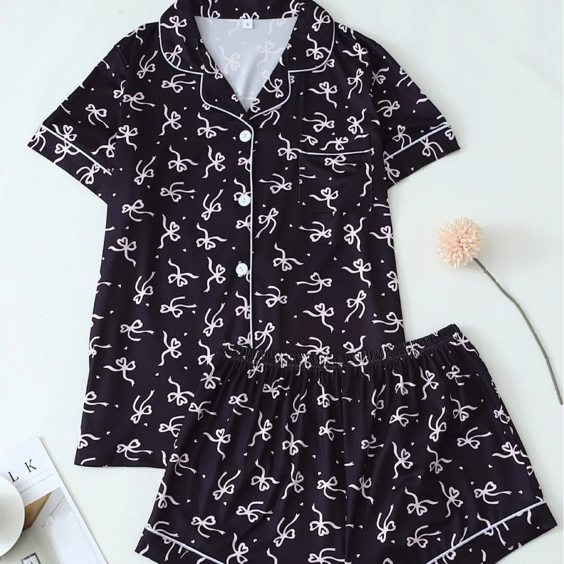 Women Summer Pajamas Set Short Sleeve Lapel Cute Bowknot Print Pink Sleepwear Homewear Female Leisure Loose Loungewear