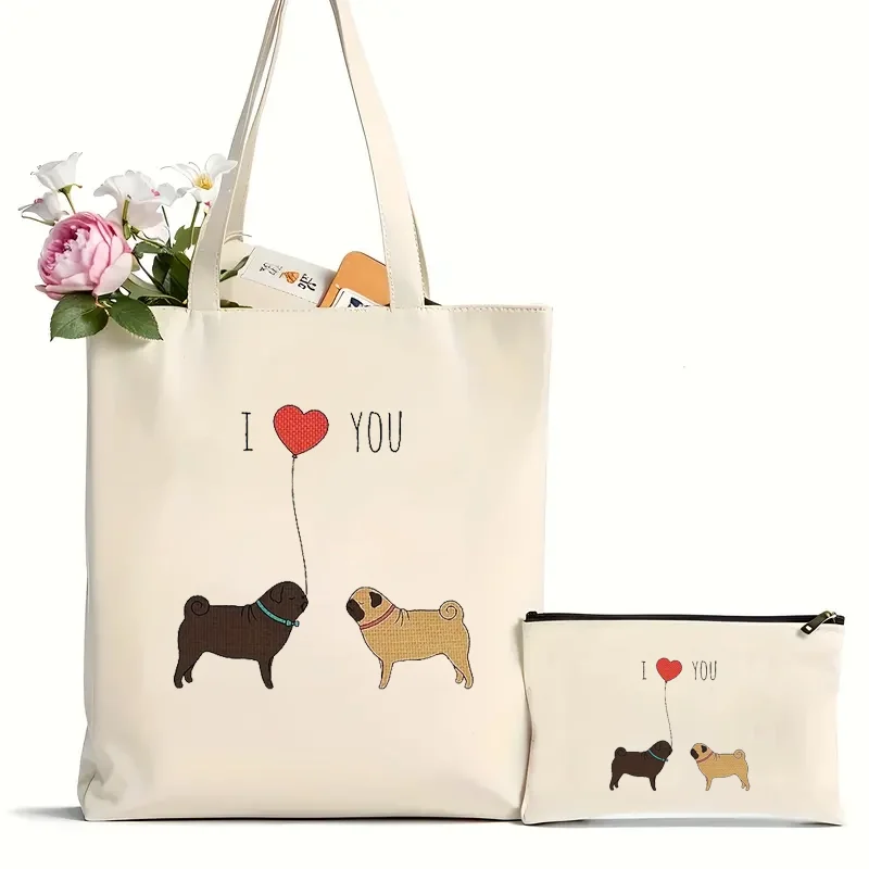 2Pcs Pug Pattern Printed Handbag, Leisure Travel Beach Bag, Large Capacity Shoulder Shopping Bag