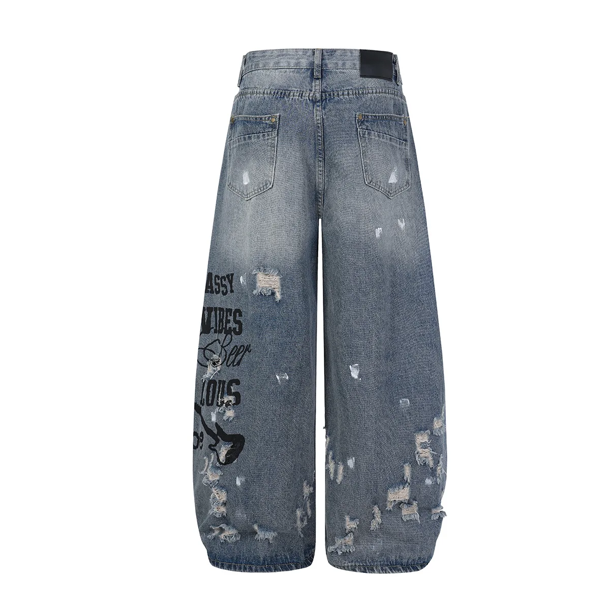 Men Streetwear Ripped Distressed Jeans Washed  Straight Wide Leg Pants Casual Trendy Brand Trousers